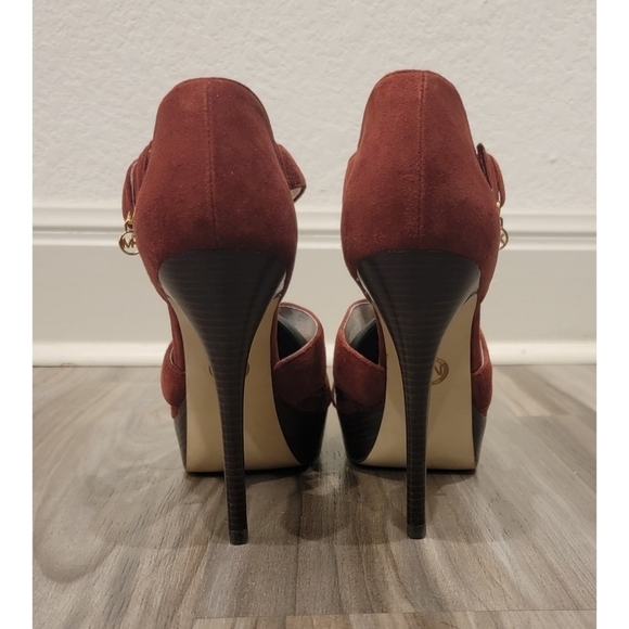 Michael Kors Burgundy Suede T Strap Platform Sandals - Picture 7 of 13